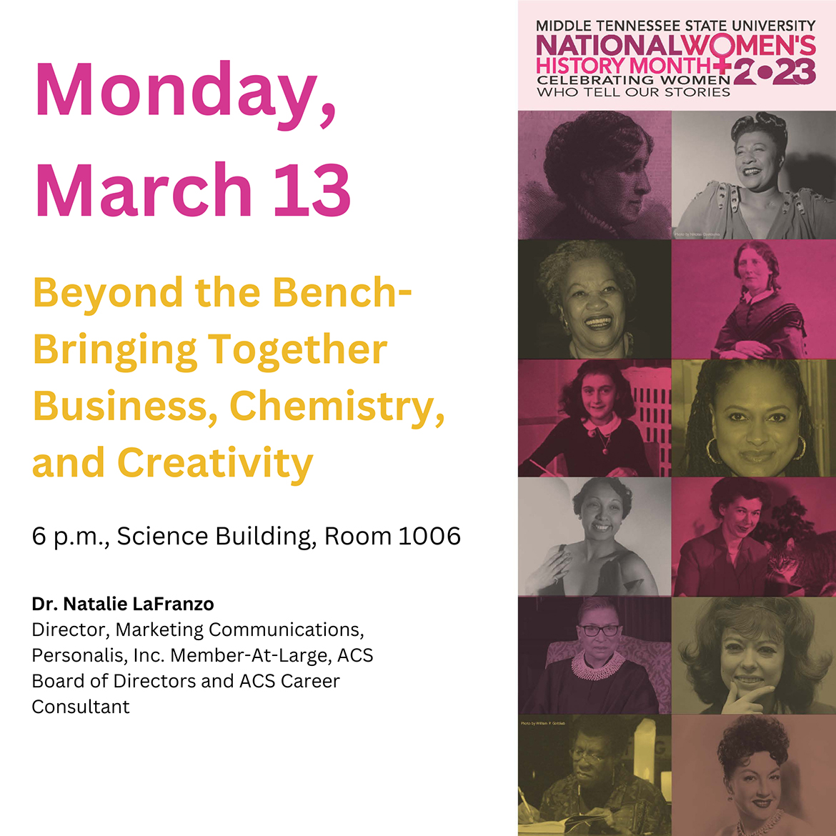 Graphic for MTSU National Women's History Month Monday, March 13, appearance by Natalie LaFranzo.
