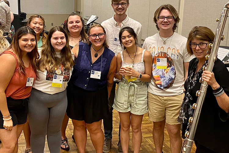 Eight Middle Tennessee State University students were selected to and recently attended the prestigious National Flute Association Convention this August, in Phoenix, Arizona, with Deanna Little, their MTSU flute professor. The group poses for a photo after a concert Little performed in at the convention. Pictured back row, from left, are MTSU students Chelsea Liu, Sarah Potts and Jonathan Oldham; front row, from left, are MTSU students Alyssa Jones, Katie Beatty, Olivia Guthier, Italee Philom, Jakob Young and Little. (Submitted photo)