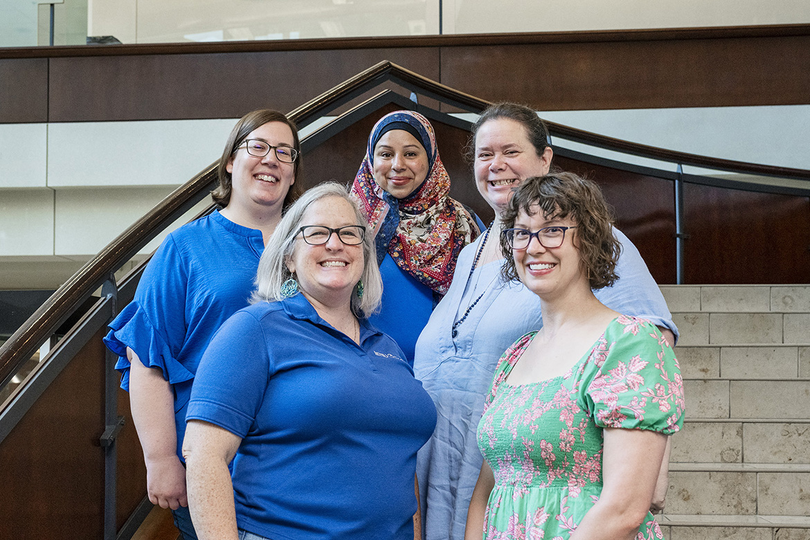 Members of the Open Educational Resources Workshop team are, front, left, Kim Godwin, assistant professor in the College of Education, and Claire Cook, Department of Human Sciences; and back, from left, Ginelle Baskin, student success and open education librarian, Dr. Sam Zaza, Department of Information Systems and Analytics, and Dr. Katherine Mangione, Department of Elementary and Special Education.