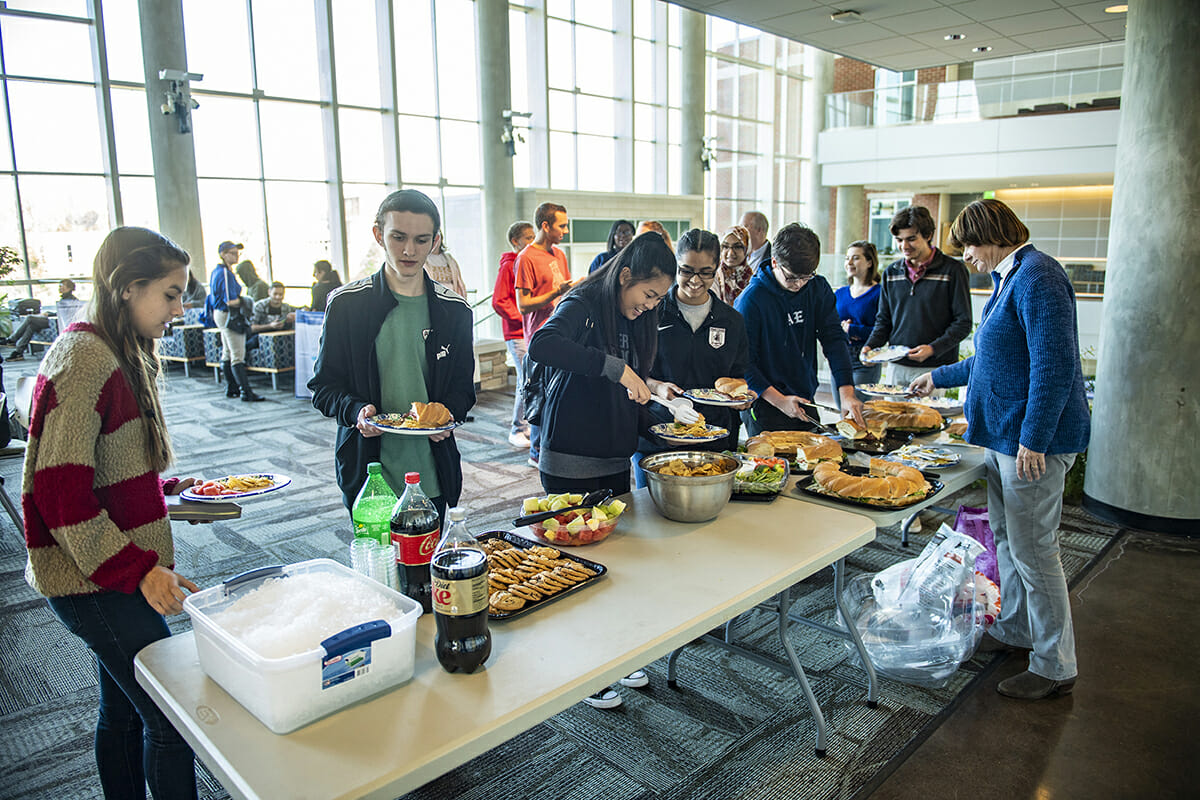 Chemistry Scholarship Tournament participants take a break for lunch.