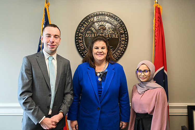 Middle Tennessee State University undergraduate students and researchers Hunter Brady, left, and Marzea Akter, right, met with state Sen. Dawn White to share with her about their psychology and life sciences research projects as part of the annual Posters at the Capitol event held Wednesday, Feb. 15, 2023, at the state Capitol in Nashville, Tenn. (MTSU photo by Stephanie Wagner)