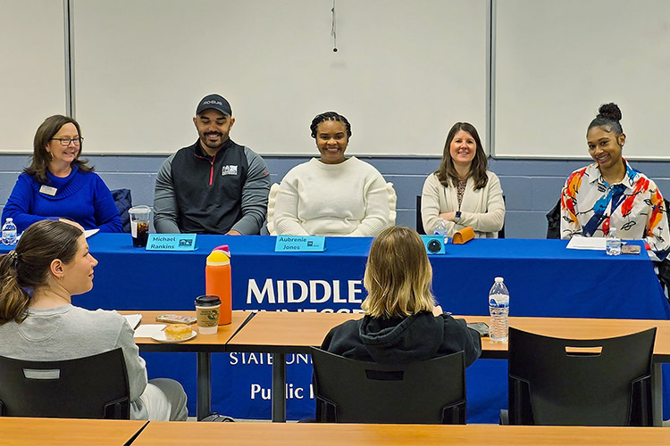 Public health students at Middle Tennessee State University in Murfreesboro, Tenn., coordinated events in early April for the inaugural campus observance of National Public Health Week, including a panel of alumni who talked with students about the industry and potential career pathways. Speakers include, from left, MTSU Career Center advisor Amy Medlin, adjunct health science faculty Michael Rankins, Aubrenie Jones with the Tennessee Department of Health, Sarah Murfree with the Prevention Coalition for Success and MTSU public health undergraduate I’mya Hill. (Submitted photo)