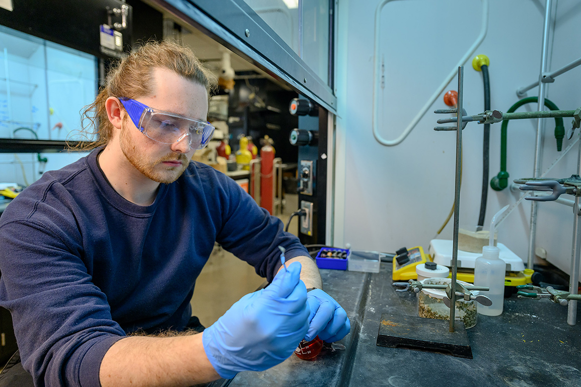 Middle Tennessee State University biochemistry major Isaac Puckett, of Whites Creek, Tenn., creates a compound in an MTSU Science Building lab on campus in Murfreesboro, Tenn., in this spring 2025 photo. Puckett has been named a 2025 recipient of the prestigious Barry Goldwater Scholarship, one of 441 students selected nationwide for the highly competitive award. (MTSU photo by J. Intintoli)