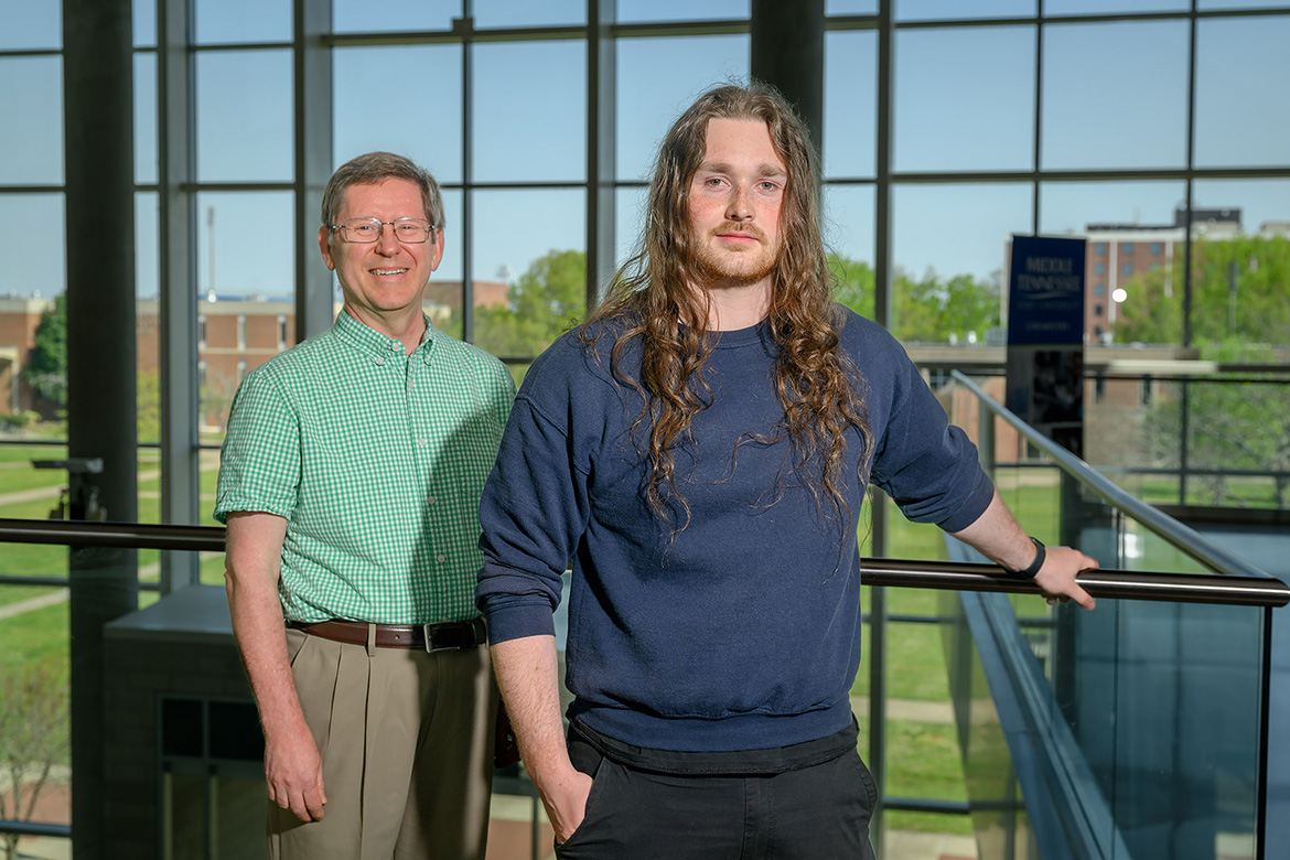 Middle Tennessee State University biochemistry major Isaac Puckett, of Whites Creek, Tenn., right, and chemistry professor Scott Handy, one of his research mentors, are pictured inside the MTSU Science Building on campus in Murfreesboro, Tenn., in this spring 2025 photo. Puckett has been named a 2025 recipient of the prestigious Barry Goldwater Scholarship. (MTSU photo by J. Intintoli)