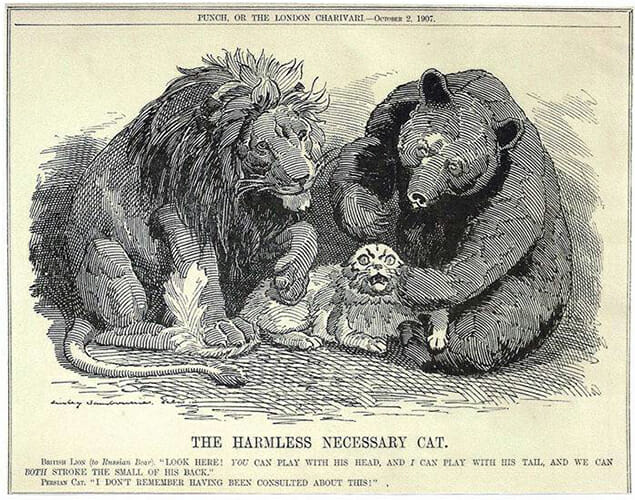 The Oct. 7, 1907, editorial cartoon in "Punch" magazine parodied a secret pact between Great Britain and Russia that included a potential plan to divvy up and control the Ottoman Empire, particularly Persia, as Iraq was then known, and its oil supplies, after World War I. The caption of "The Harmless Necessary Cat" reads "British Lion (to Russian Bear): 'Look here! YOU can play with his head, and I can play with his tail, and we can BOTH stroke the small of his back.' Persian Cat: 'I don't remember having been consulted about this!'" (Cartoon by Edward Linley Sambourne; courtesy of Punch Limited archives)