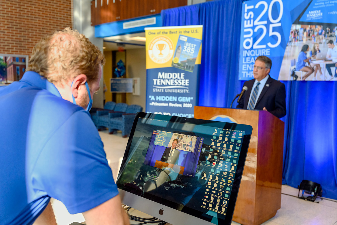 MTSU Provost Mark Byrnes discusses the goals of the Quest 2025 initiative announced via livestream Wednesday, Oct. 21, from the lobby of the Cope Administration Building. (MTSU photo by J. Intintoli)