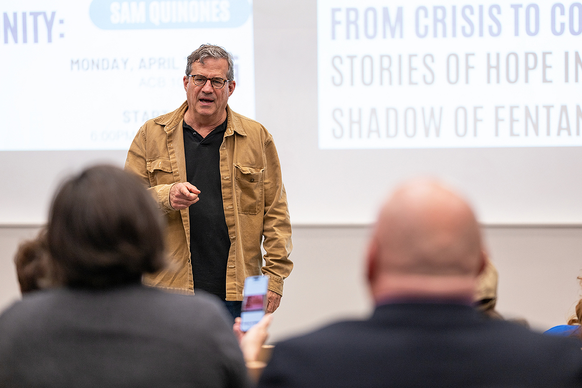 Award-winning journalist Sam Quinones kicked off National Public Health Week observance on the campus of Middle Tennessee State University in Murfreesboro, Tenn., on April 7 for a public talk on his book, “From Crisis to Community: Stories of Hope in the Shadow of Fentanyl.” The event was sponsored by the MTSU Office of Prevention Science and Recovery and the Public Health Program. (MTSU photo by Cat Curtis Murphy)