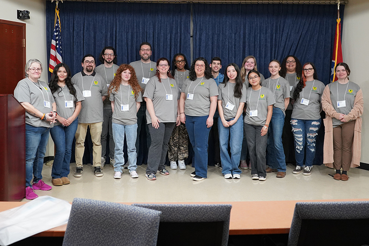 A Motlow State Community College cohort gathers inside the Middle Tennessee State University Honors College building during the 2025 Tennessee Collegiate Honors Council two-day annual conference hosted Feb. 28-March 1 on the MTSU campus in Murfreesboro, Tenn. (MTSU photo by Robin E. Lee)