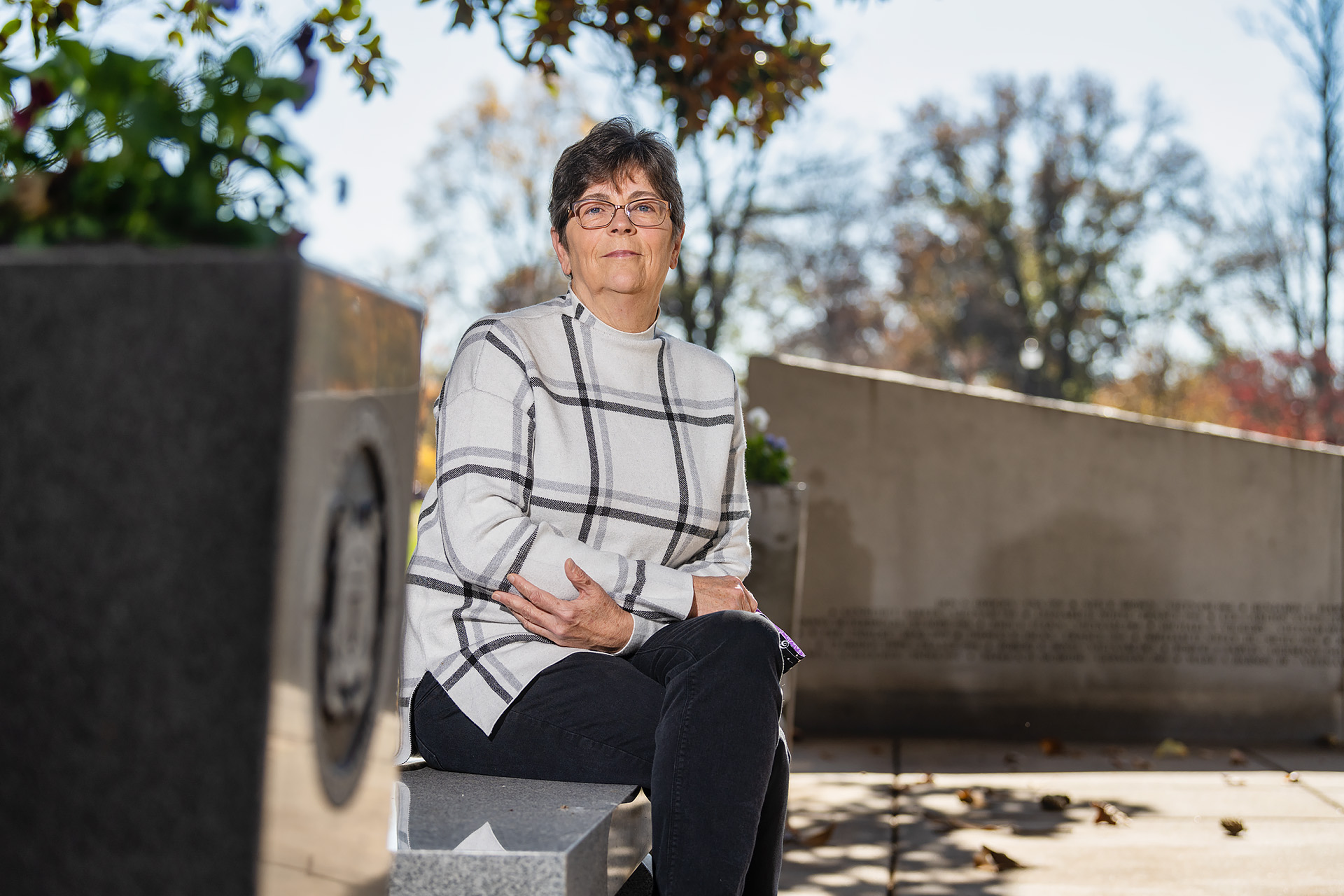 Rebecca Calahan, Mathematical Sciences faculty at the Veterans Memorial. (Photo: Andy Heidt)