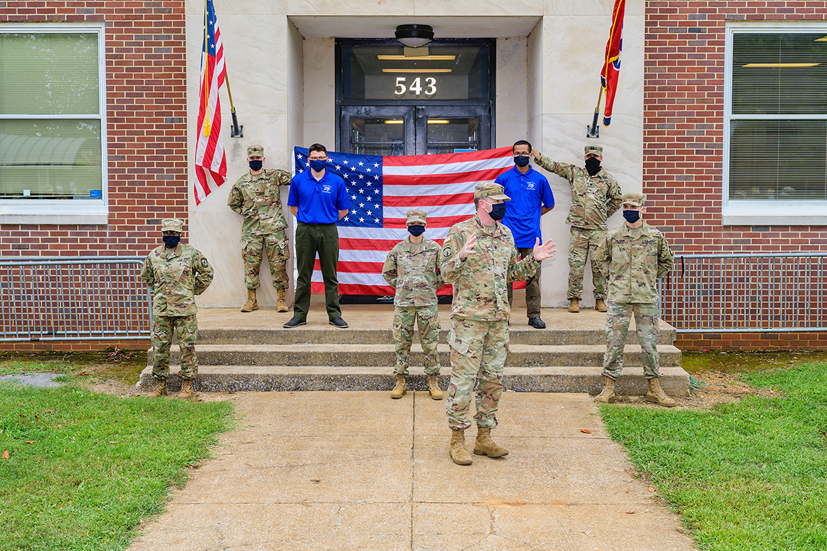U.S. Army Lt. Col. Carrick McCarthy, who directs the MTSU Military Science program, speaks during the ROTC cadet swearing-in ceremony Thursday, Aug. 27, in front of Forrest Hall. Five new cadets took the Army oath. (MTSU photo by Andy Heidt)