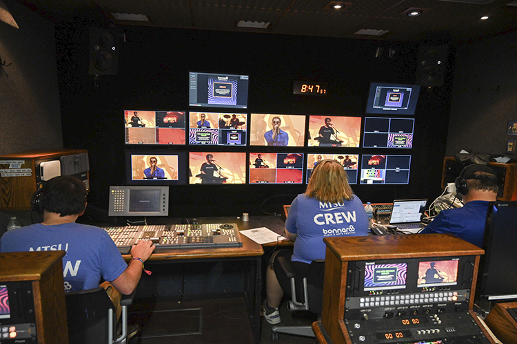 Middle Tennessee State University’s Department of Media Arts brought “The Truck,” the university’s almost $2 million mobile production lab, to capture and livestream dozens of performances at the 2024 Bonnaroo Music and Arts Festival in Manchester, Tenn. The MTSU team this year did 40% of the livestreaming video and audio production work from the This and That tent stages, aired worldwide on Hulu’s streaming platform. (MTSU photo by James Cessna)