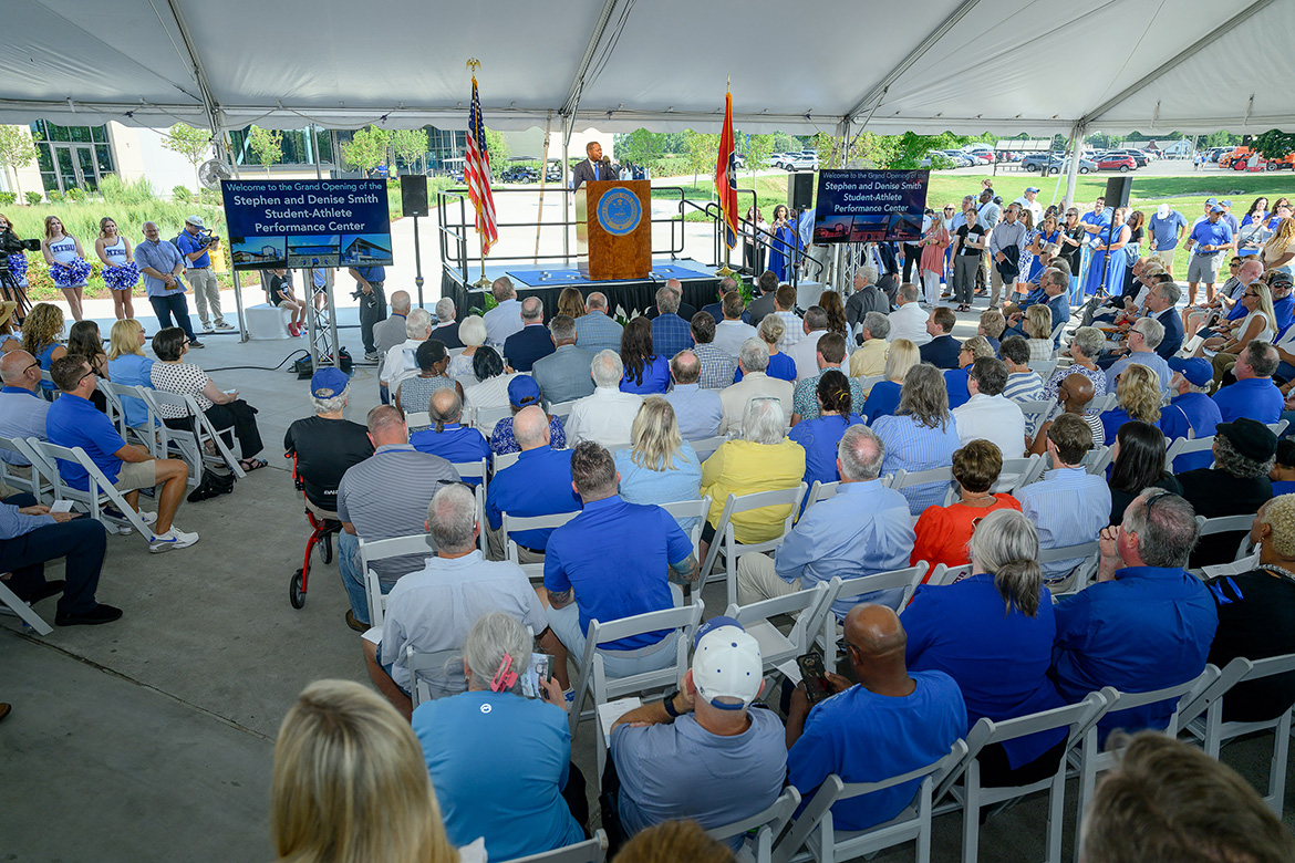Middle Tennessee State University President Sidney A. McPhee addresses an overflowing crowd at the ribbon-cutting ceremony for the Stephen and Denise Smith Student-Athlete Performance Center Wednesday, July 30, just outside Floyd Stadium on campus in Murfreesboro, Tenn. The new $66 million, 85,000-square-foot facility will serve as home to Blue Raider football while providing state-of-the-art training areas for all student-athletes. (MTSU photo by J. Intintoli)