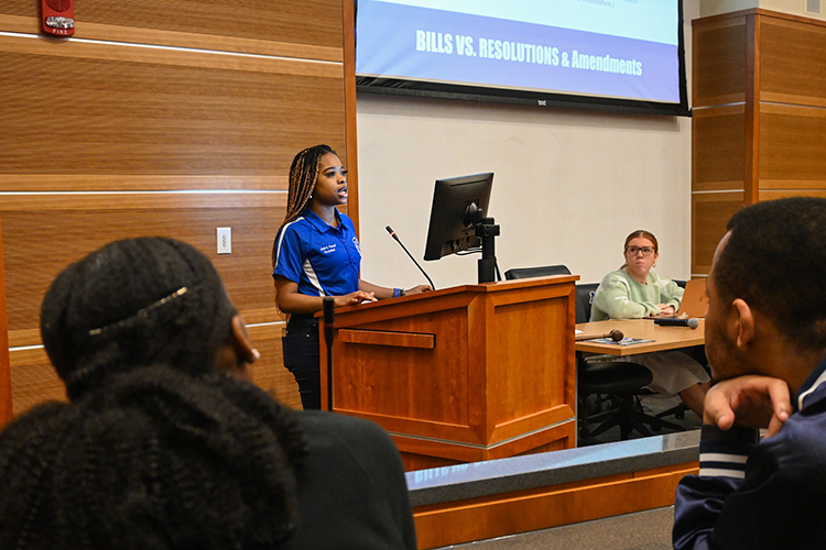 MTSU senior aerospace major Jada Powell, current president of the Student Government Association and senior at Middle Tennessee State University, leads the weekly student government meeting on Feb. 2, 2023, at the Student Union Parliamentary Room on campus. (MTSU photo by Stephanie Wagner)