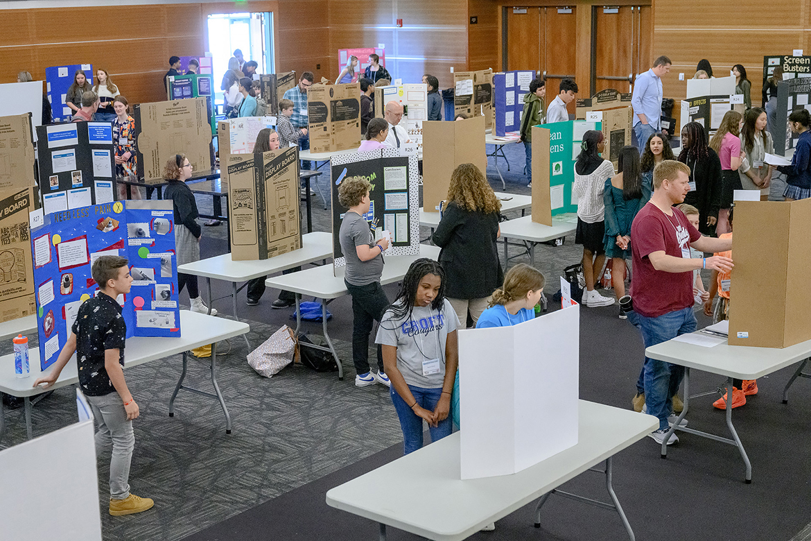 More than 200 middle school and high school students attend the annual Middle Tennessee STEM Innovation Hub Expo Wednesday, April 5, in the Middle Tennessee State University Student Union Ballroom. Students from schools in Rutherford, Davidson and Sumner counties can work individually or in teams of up to five students and present their STEM research at the expo, which is organized by the MTSU Tennessee STEM Education Center. (MTSU photo by J. Intintoli)