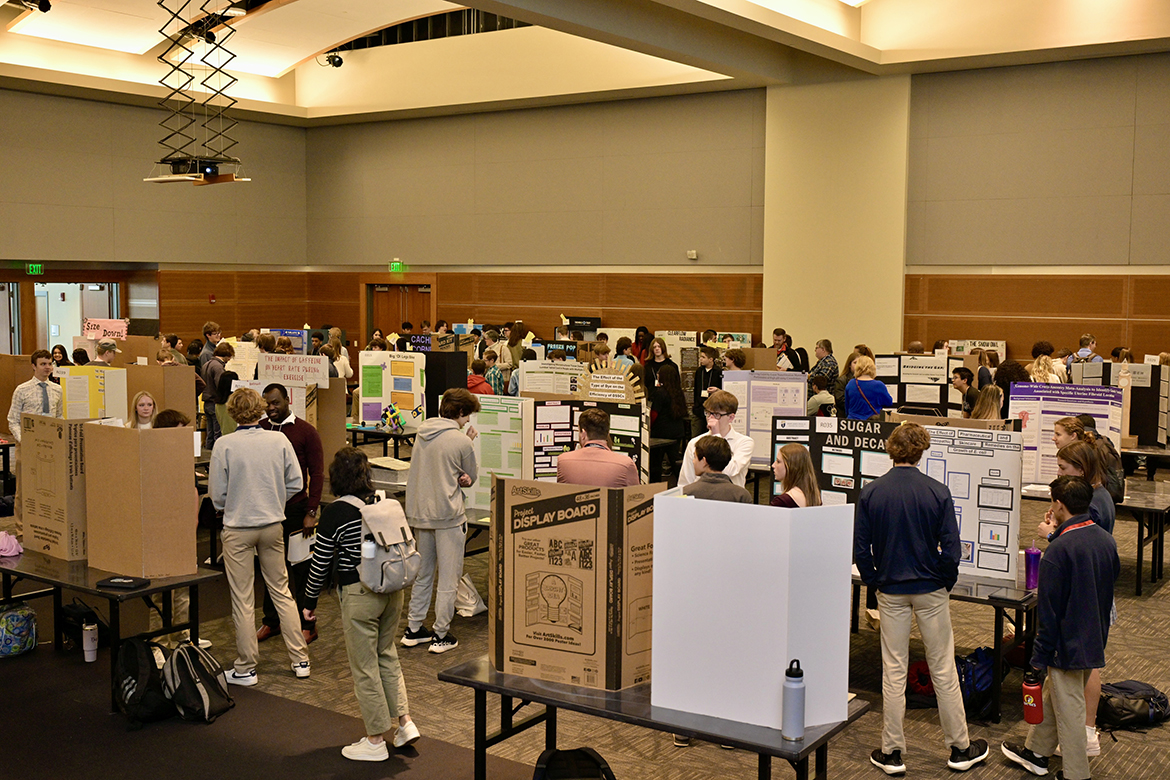 Joined by volunteers, judges, teachers and chaperones, about 300 middle and high school math and science students from across the Midstate attend the annual Middle Tennessee STEM Innovation Hub STEM Expo, held Wednesday, April 3, in the Student Union Ballroom on the Middle Tennessee State University campus in Murfreesboro, Tenn. The students showcased their science, technology, engineering and math research they’ve been conducting during the 2023-24 school year. (MTSU photo by Andy Heidt)