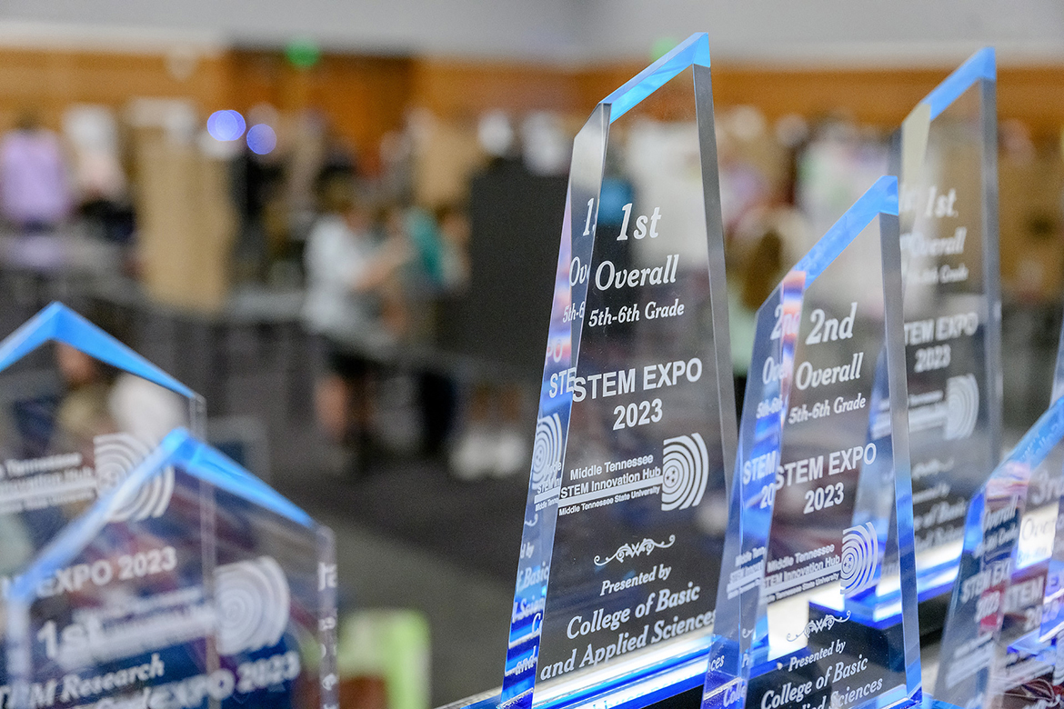 Numerous awards await the top finishers for the elementary, middle school and high school divisions of the annual Middle Tennessee STEM Innovation Hub Expo in the Middle Tennessee State University Student Union Ballroom Wednesday, April 5. Eighteen schools and nearly 220 students from Rutherford, Sumner and Davidson counties took part this year. (MTSU photo by J. Intintoli)