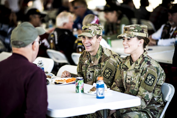 MTSU ROTC cadets enjoy their time with a veteran during the picnic that is part of Salute to Veterans and Armed Services activities Nov. 5 outside the Kennon Hall of Fame. (MTSU photo by Eric Sutton)