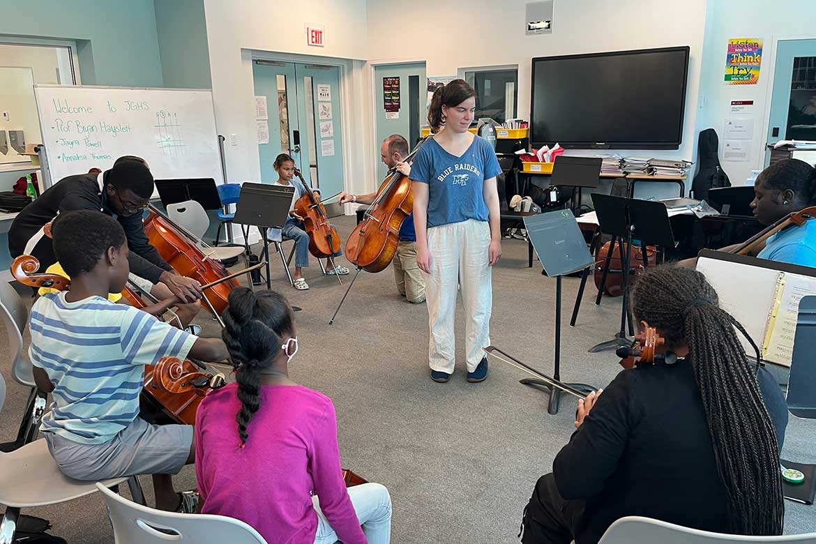 Middle Tennessee State University School of Music senior Annalisa Thomas, center, leads a class with students at John Gray High School in George Town, Cayman Islands. Thomas was part of a three-person team from MTSU who held a three-day workshop in the George Town in February 2025 thanks to the Florida-based Volta Music Foundation. (Photo submitted)