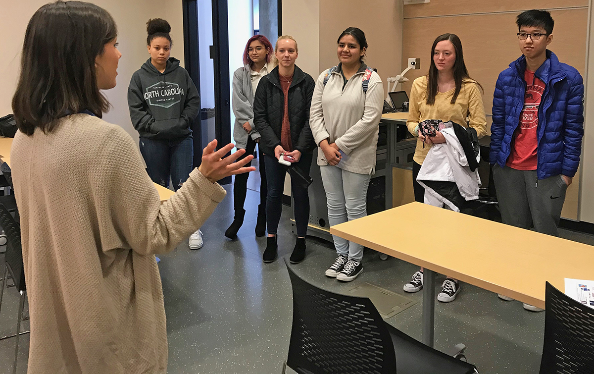 MTSU sophomore Grace Millican, left, of Millington, Tenn., gave a Science Building tour to part of a group of 27 students on campus in November for the annual Chemistry Scholarship Tournament. Participants included Madison Padmore, left, of Rockvale High School, Raisa Candelario of Middle College at Austin Peay State University, Chandler Shipp and Lizbeth Lozano of Central Magnet School and Emily Tester and Ben Lam of Waverly (Tenn.) Central High School. Millican, an Honors Buchanan Fellow, is a biochemistry and Honors organizational chemistry double major. (MTSU photo by Randy Weiler)
