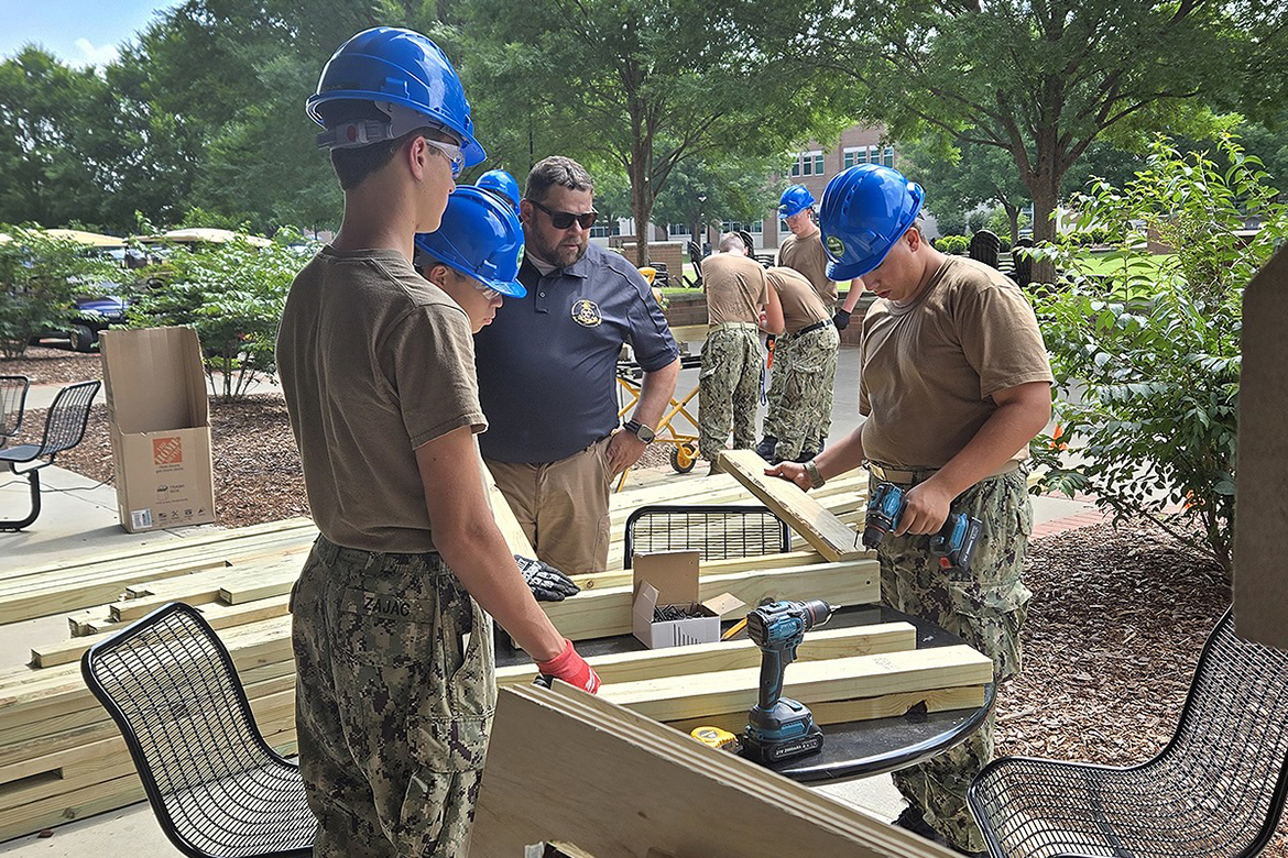 As part of a construction build, U.S. Naval Sea Cadet Corps participants utilize tools to get the job done on the Middle Tennessee State University campus in Murfreesboro, Tenn., recently. From ages 10 to 18, attendees from 46 units came from across the U.S. to attend the various sessions. (Submitted photo)