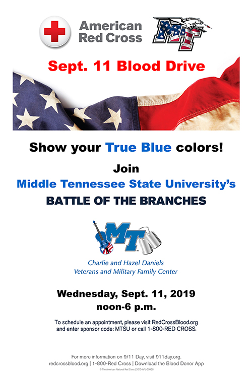 poster for MTSU’s 2019 “Battle of the Branches” blood drive