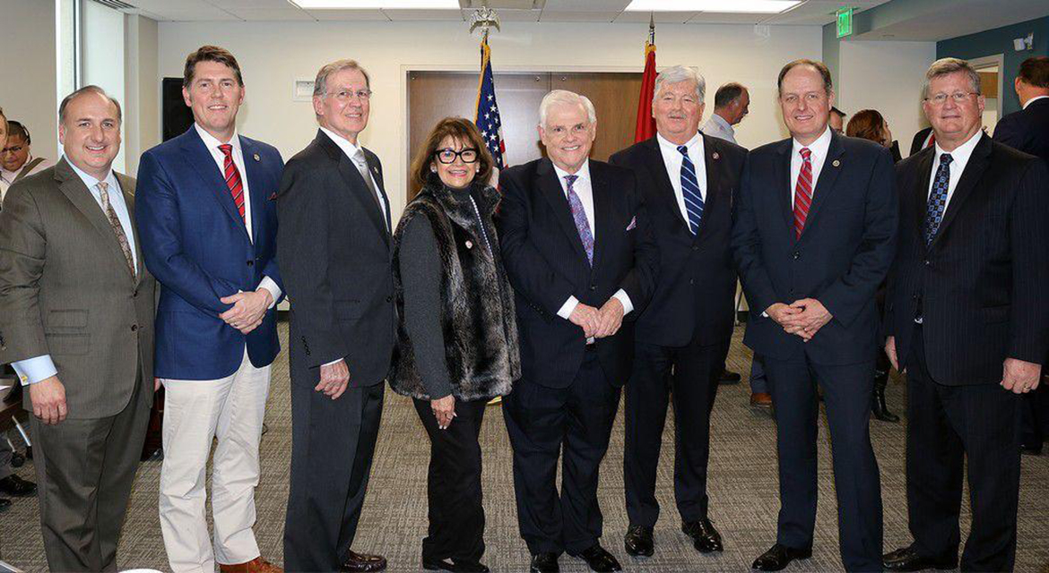 State Sen. Shane Reeves of Murfreesboro joined the leadership of the Senate Majority Caucus for the 111th General Assembly, serving as chaplain. Pictured before the Tuesday, Jan. 8, opening session in Nashville, Tenn., are, from left, state Sen. Paul Bailey; Reeves; state Sen. Ferrell Haile; state Sen. Dolores Gresham; state Sen. Ken Yager; Lt. Gov. Randy McNally; state Sen. Jack Johnson; and state Sen. Steve Southerland. (Submitted photo)