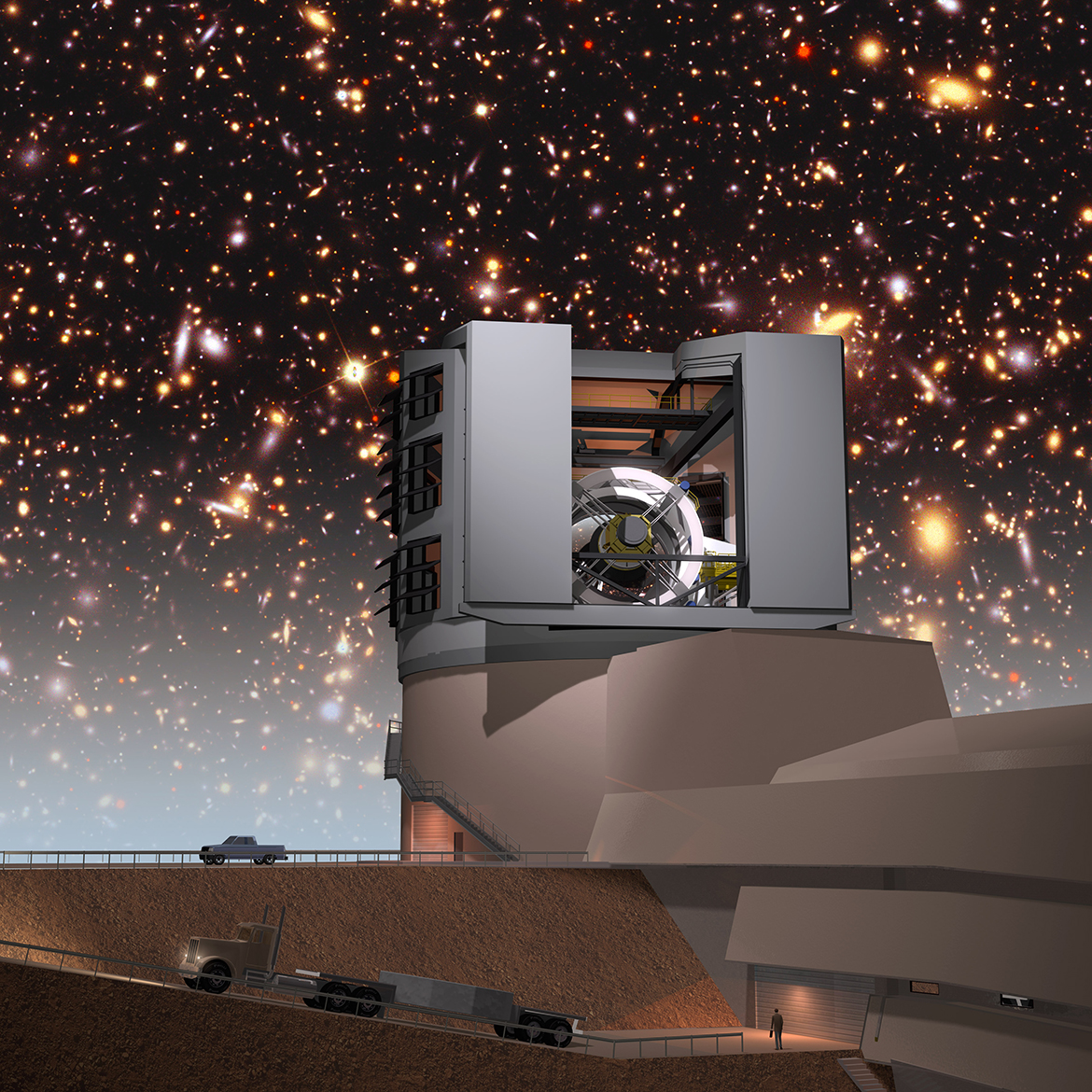 A simulated night sky provides a background for the Large Synoptic Survey Telescope, or LSST, facilities building on Cerro Pachón, a mountain located close to the Chilean city of Vicuña. The LSST will carry out a deep, 10-year imaging survey in six broad optical bands over the main survey area of 18,000 square degrees. The telescope will be the focus of Department of Physics and Astronomy professor John Wallin’s 6:30 p.m. Friday, Nov. 3 Star Party presentation in Wiser-Patten Science Hall Room 102. (Credit: Todd Mason, Mason Productions Inc./LSST Corporation)