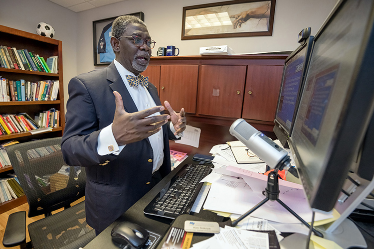 Dr. Kim Sokoya, associate dean for Graduate and Executive Education, records his lecture in mid-March for an online class for the College of Business. (MTSU photo by J. Intintoli)