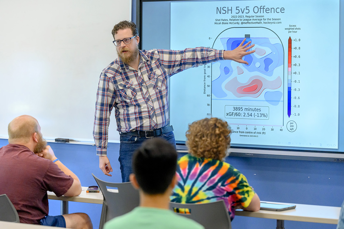 Micah McCurdy, a Canadian university adjunct math professor, explains the decrease in the Nashville Predators 5-on-5 offensive production during the 2022-23 NHL season to Middle Tennessee State University students, faculty and administrators attending his Wednesday, June 28, talk in a Kirksey Old Main classroom. Primarily in a networking role with friends, fans and media, McCurdy was in Nashville, Tenn., June 28-29 for the 2023 NHL Entry Draft in Bridgestone Arena. (MTSU photo by J. Intintoli)