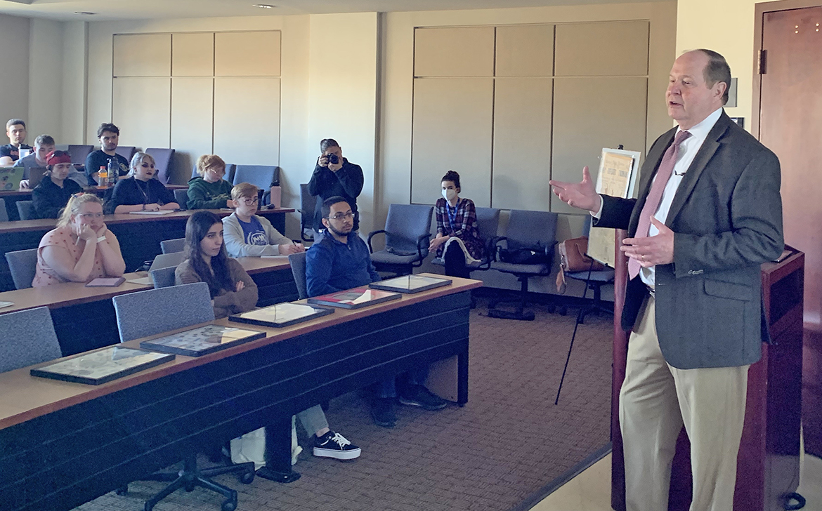 Kent Syler, MTSU professor in political science and international relations, delivers opening remarks during a past Honors Lecture Series in February 2022, in the Paul W. Martin Sr. Honors Building Room 106. The fall lecture series has begun, with presenters sharing topics related to 50th anniversary of the Honors College. The class is also open to the public. (MTSU file photo by Randy Weiler)