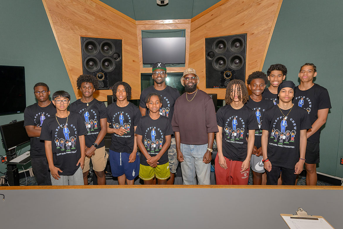 Grammy-winner producer and Middle Tennessee State University alumnus Torrance "Street Symphony" Esmond speaks to Cliff’s Crew participants July 30, 2025, about his music career before taking the teenagers on a tour of two of the recording studios inside of MTSU’s College of Media and Entertainment in Murfreesboro, Tenn. The students participate in a summer trip each year thanks to the Cliff Avril Family Foundation, with this summer’s trip to the Nashville metro area including a stop at MTSU, the Ryman Auditorium, the Grand Ole Opry and more. (MTSU photo by James Cessna)