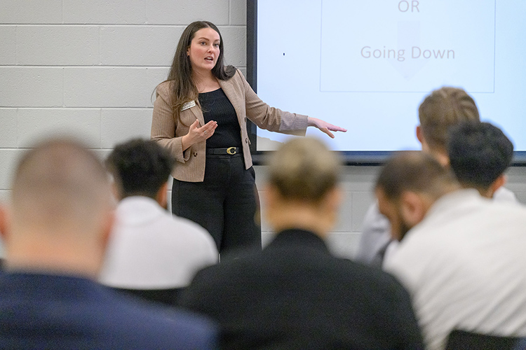 Nicole Anderson, director of employee engagement for Omnia Partners, gives a presentation during the 2024 Midsouth Supply Chain Summit held April 11 at Keathley University Center on the campus of Middle Tennessee State University in Murfreesboro, Tenn. (MTSU photo by J. Intintoli)
