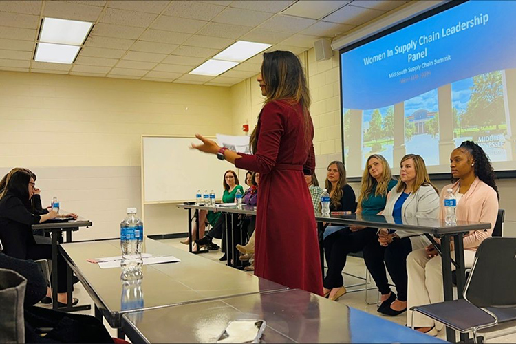 The Women in Supply Chain Leadership session was the most attended breakout session at the 2024 Midsouth Supply Chain Summit held April 11 at Keathley University Center on the campus of Middle Tennessee State University in Murfreesboro, Tenn. The nine panelists shared insights on unique skills and experiences that women bring into supply chain management. (Photo submitted)