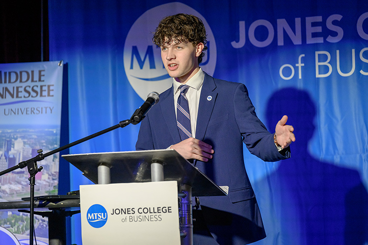 MTSU Supply Chain Management Student Organization member Jonathan Dunn gives remarks during the 2024 Midsouth Supply Chain Summit held April 11 at Keathley University Center on the campus of Middle Tennessee State University in Murfreesboro, Tenn. (MTSU photo by J. Intintoli)