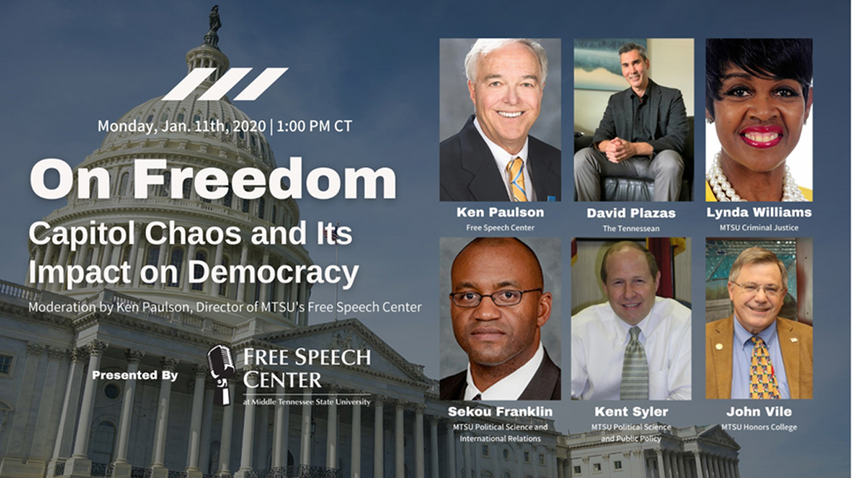 MTSU political science professor Kent Syler’s introduction to American politics Winter Session class took in the MTSU Free Speech Center’s special Jan. 11 webinar following the Jan. 6 insurrection at the U.S. Capitol in Washington, D.C., and its impact on democracy. (MTSU graphic by John Goodwin)