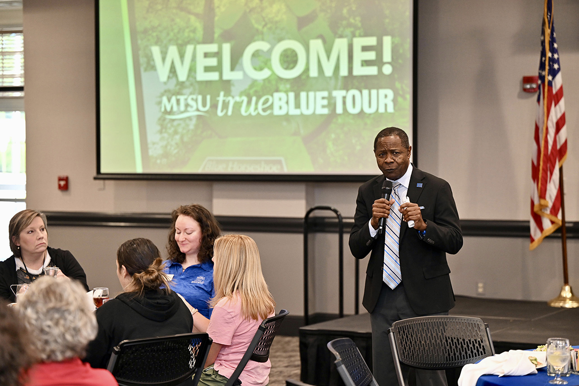 Middle Tennessee State University President Sidney A. McPhee speaks to a group of about 20 high school and college counselors at luncheon as part of MTSU’s True Blue Tour student recruitment stop on Thursday, Sept. 18, at the Leslie Town Centre in Cookeville, Tenn. (MTSU photo by James Cessna)