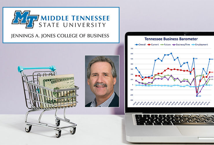 The latest statewide Tennessee Business Barometer shows renewed optimism among the state's business leaders. (Background photo of laptop/shopping car by Karolina Grabowska from Pexels)