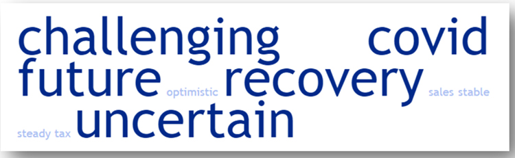 This word cloud shows the 10 words most often given by respondents to the April Tennessee Business Barometer survey when asked to report the word, or words, that came to mind when thinking about the future of their businesses or firms. (Courtesy of the MTSU Office of Consumer Research)