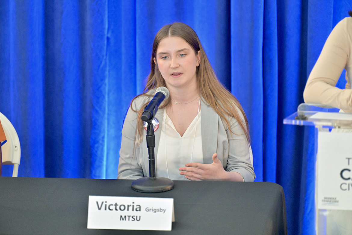 During a student leaders panel session at the Tennessee Campus Civic Summit, Middle Tennessee State University sophomore Victoria Grigsby of Fayetteville, Tenn., shares her views with the audience that included attendees from nine other Tennessee universities Friday, Feb. 23, in the Miller Education Center’s second-floor atrium. She is a political science and German double major and president of MTSU’s American Democracy Project student organization. (MTSU photo by J. Intintoli)