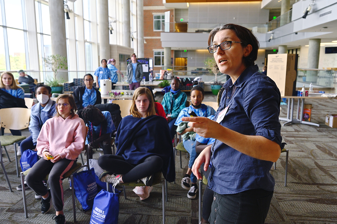 MTSU Department of Physics and Astronomy associate professor Hanna Terletska, front right, discusses careers in science, technology, engineering and math with girls attending the 25th annual Tennessee Girls in STEM Conference at MTSU in the Science Building in April. The 26th conference will be held Saturday, Sept. 24, at MTSU. The deadline to register is Sept. 1. (MTSU file photo by Cat Curtis Murphy)