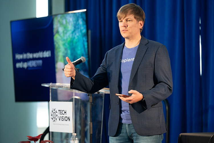 Josh Byrd, chief growth officer with tech startup Copient.ai, gives a luncheon keynote address about artificial intelligence at the 2025 Tech Vision Conference held April 10-11 in the Miller Education Center atrium on Bell Street on the MTSU campus in Murfreesboro, Tenn. (MTSU photo by James Cessna)