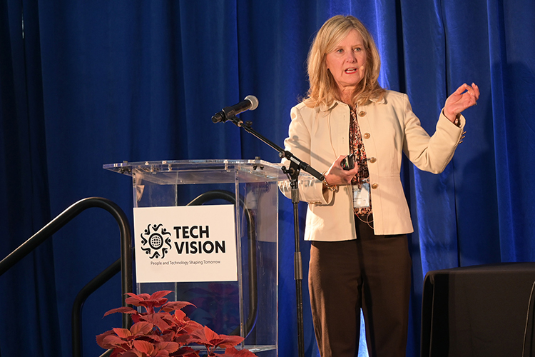 Stephanie Dedmon, chief information officer for the state of Tennessee, gives a presentation at the 2025 Tech Vision Conference held April 10-11 in the Miller Education Center atrium on Bell Street on the Middle Tennessee State UNiversity campus in Murfreesboro, Tenn. (MTSU photo by Jimmy Hart)