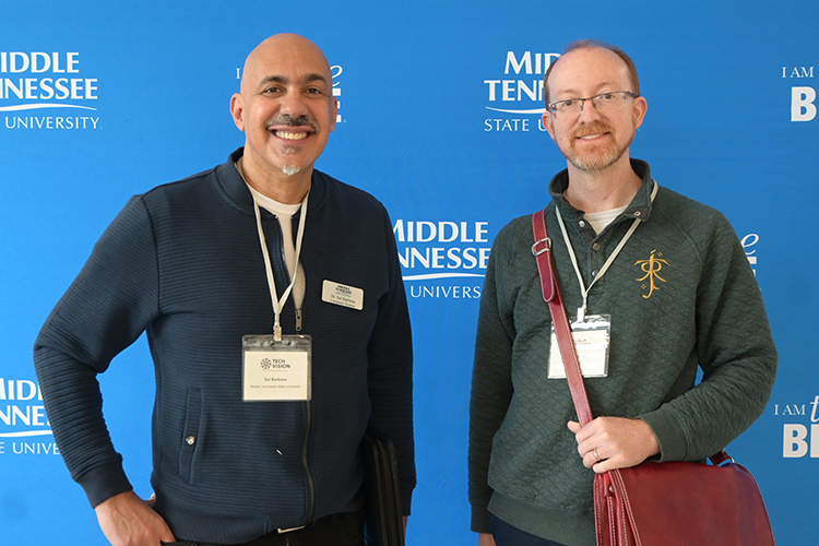 Middle Tennessee State University Department of Computer Science professors Sal Barbosa, left, and Joshua Phillips were among attendees at the 2025 Tech Vision Conference held April 10-11 in the Miller Education Center atrium on Bell Street on the MTSU campus in Murfreesboro, Tenn. Phillips was also a guest speaker at the two-day conference. (MTSU photo by Jimmy Hart)