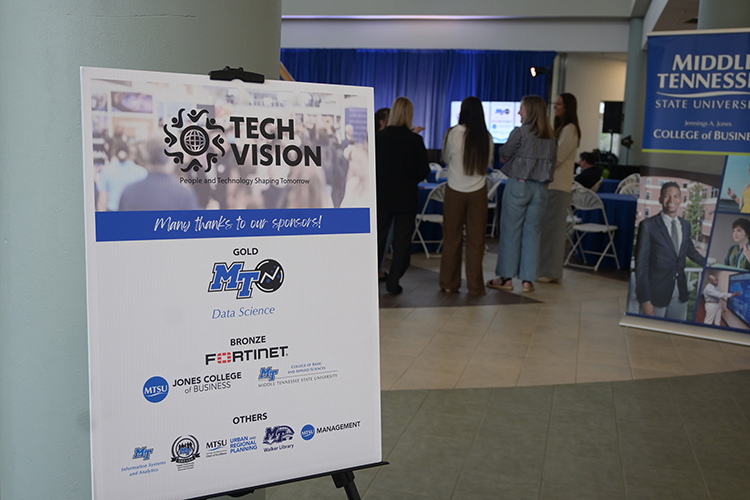 Attendees gather for a session at the 2025 Tech Vision Conference on April 10 in the Miller Education Center atrium on Bell Street on the Middle Tennessee State University campus in Murfreesboro, Tenn. (MTSU photo by Jimmy Hart)