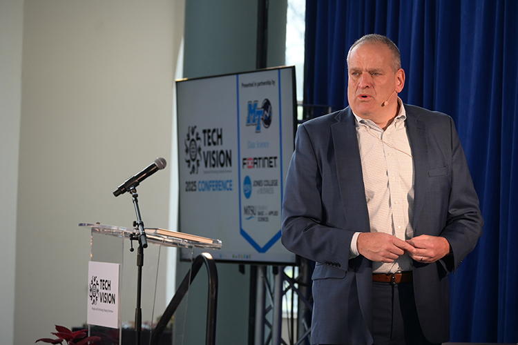 Retired FBI supervisory special Agent Scott Augenbaum discusses cybercrime and cybersecurity during his presentation at the 2025 Tech Vision Conference held April 10-11 in the Miller Education Center atrium on Bell Street on the Middle Tennessee State University campus in Murfreesboro, Tenn. (MTSU photo by Jimmy Hart)