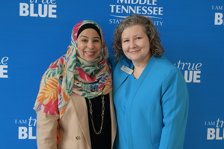 Information and Analytics associate professor Sam Zaza, left, and associate management professor Kristie Abston were key organizers for the 2025 Tech Vision Conference held April 10-11 in the Miller Education Center atrium on Bell Street on the MTSU campus in Murfreesboro, Tenn. Zaza, who developed the idea for the conference, plans to make it a larger annual event. (MTSU photo by James Cessna)