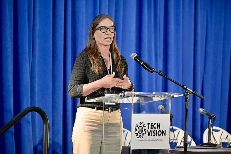 Middle Tennessee State University Department of History instructor Lisa Swart gives a presentation about how she incorporates artificial intelligence tools in her courses as part of a professor and student panel at the 2025 Tech Vision Conference held April 10-11 at the Miller Education Center atrium on Bell Street on the MTSU campus in Murfreesboro, Tenn. (MTSU photo by Andy Heidt)