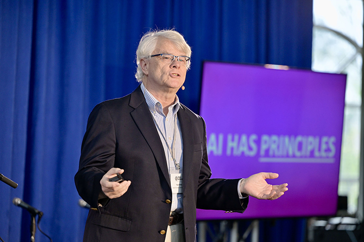 Middle Tennessee State University Media Arts professor Todd O’Neill gives a talk on the impact of artificial intelligence on the media and entertainment industries as part of the 2025 Tech Vision Conference held April 10-11 in the Miller Education Center atrium on Bell Street on the MTSU campus in Murfreesboro, Tenn. (MTSU photo by Andy Heidt)
