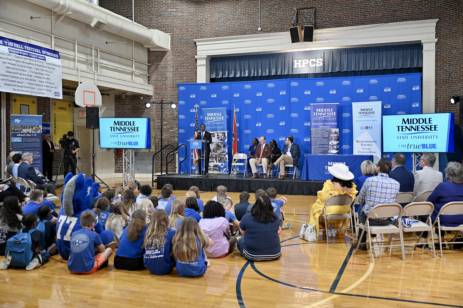 Middle Tennessee State University President Sidney A. McPhee speaks about MTSU’s history as a teacher training institution during the signing agreement for MTSU’s new Tennessee Teach Back Initiative — an effort to create a teacher pipeline to high-needs school districts — between the university and initiative partner the State Collaborative on Reforming Education, or SCORE, held Monday, May 8, at Homer Pittard Campus School in Murfreesboro, Tenn. (MTSU photo by J. Intintoli)