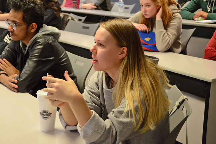 MTSU management students ask questions of social entrepreneur and author Matt Tenney following his guest lecture about the value of servant leadership Thursday, Oct. 17, inside the Business and Aerospace Building classroom. (MTSU photo by Jimmy Hart)